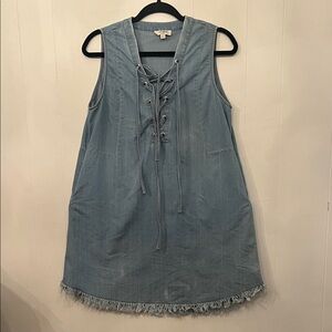 Umgee Light Blue Lace-Up Sleeveless Denim Mini Dress with Frayed Hem
